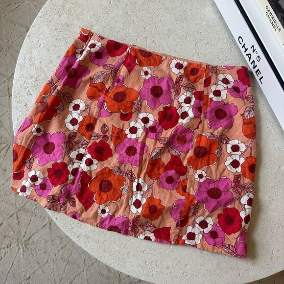 Urban Outfitters Rosie Notched Floral Pelmet Mini Skirt Linen Blend Size S - Picture 10 of 14